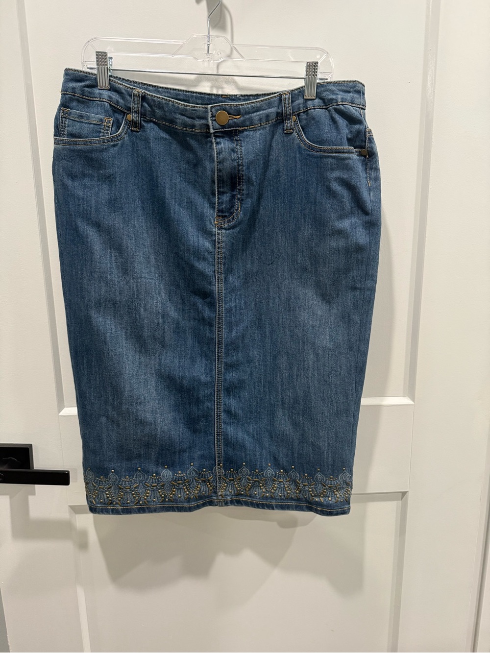 CJ Banks Denim Pencil Skirt with Embroidered Hem Size 16